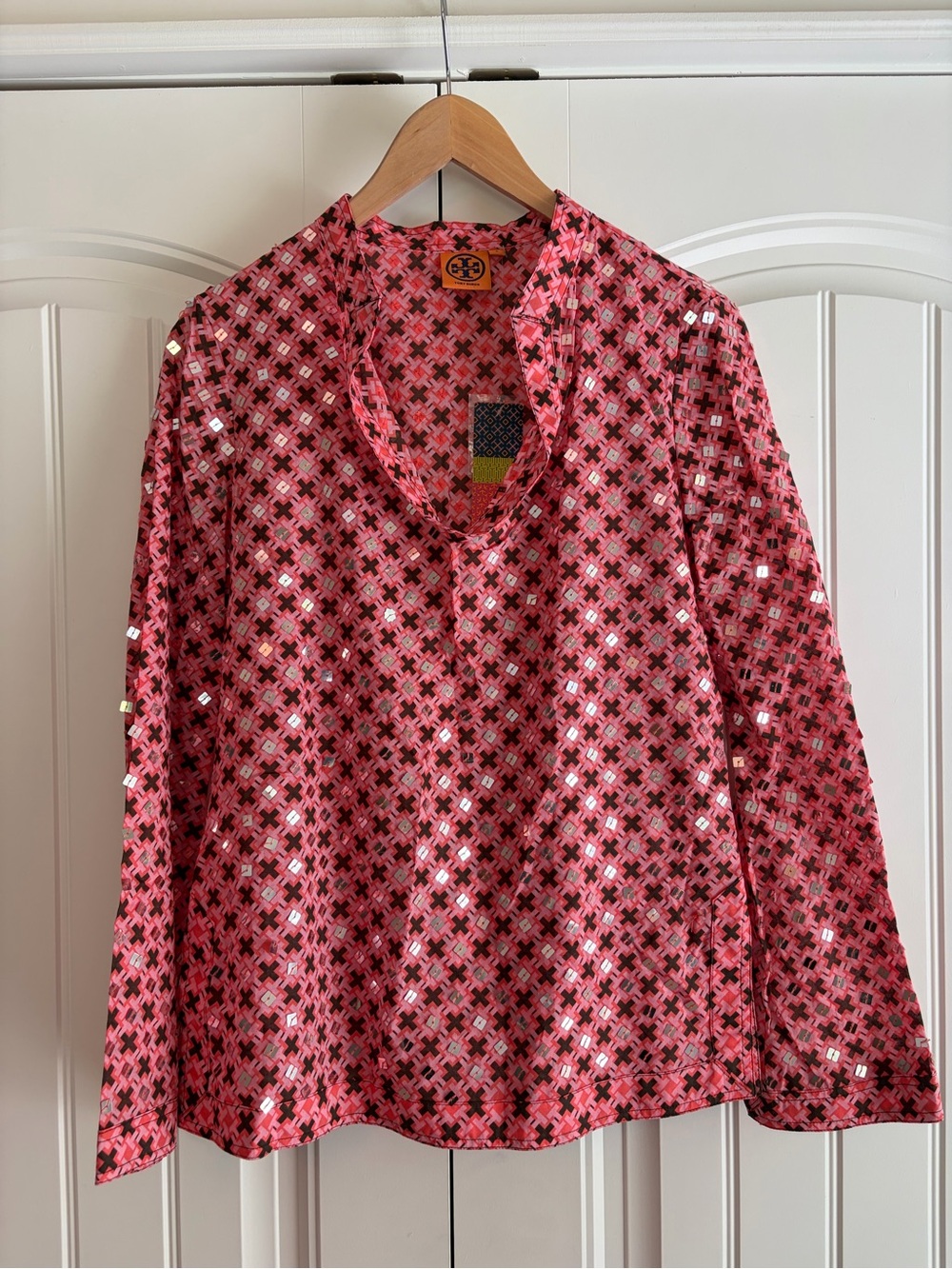 Tory Burch NWT Stephanie Pullover Sheer Tunic Women's Top Pink Sequins Size 6